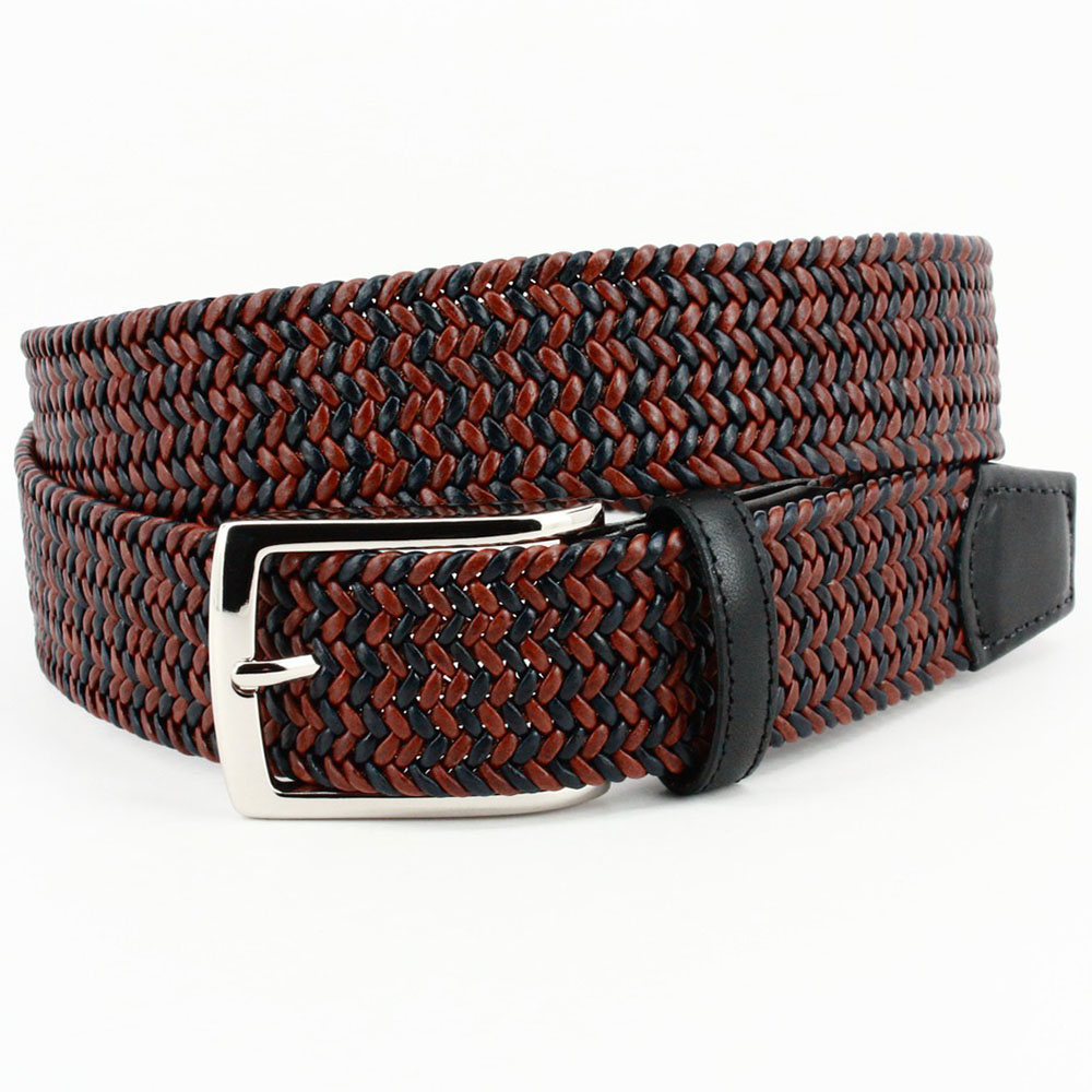 Torino Leather Italian Braided Stretch Leather Cording Belt Tan / Navy