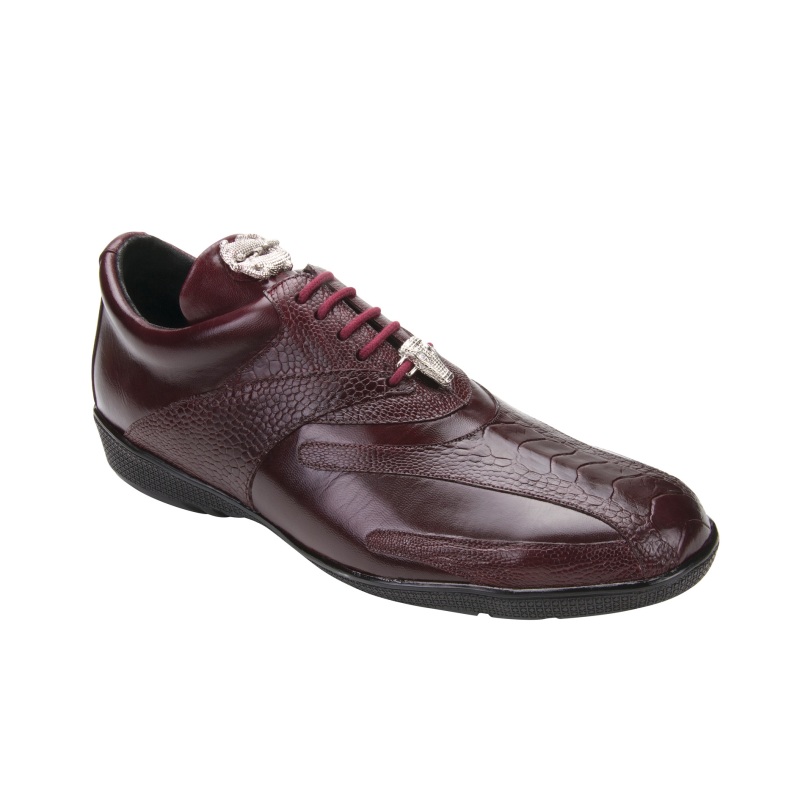 Belvedere Bene Ostrich & Calfskin Sneakers Burgundy | MensDesignerShoe.com