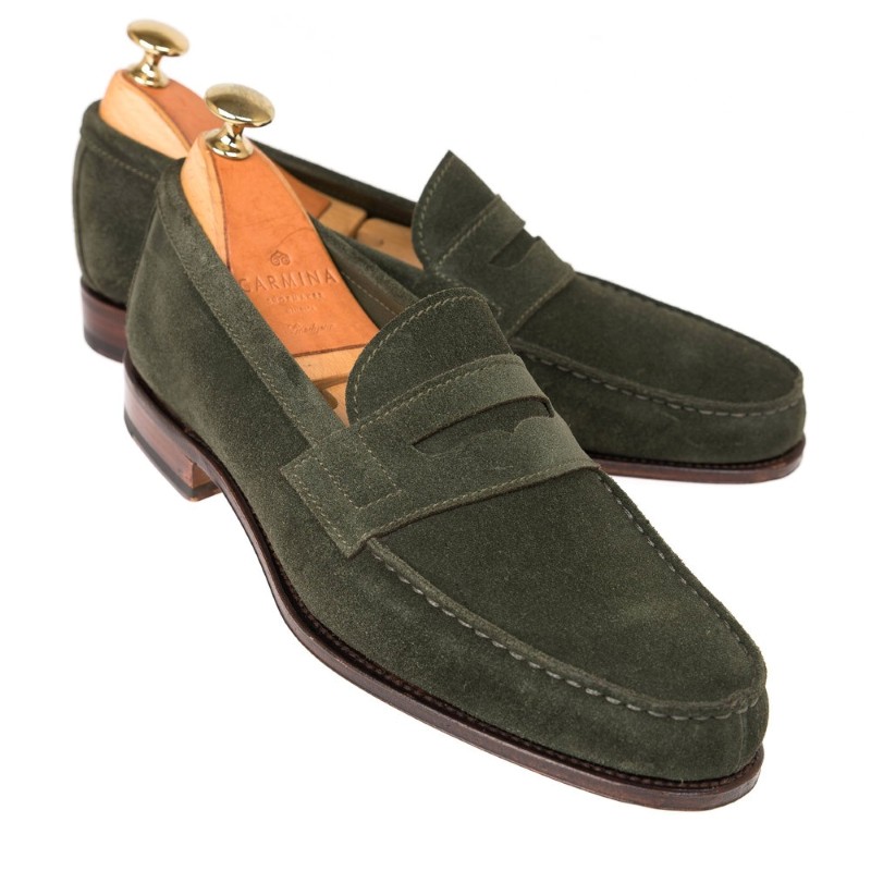 Carmina Penny Loafers 80579 Genova Loden Suede | MensDesignerShoe.com