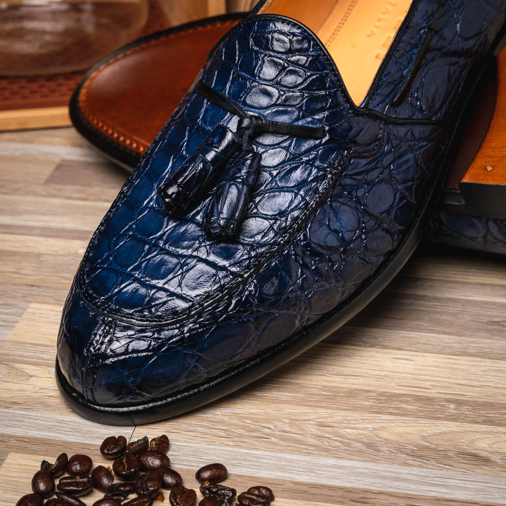 Men's Deep Blue Crocodile Style Leather Shoes