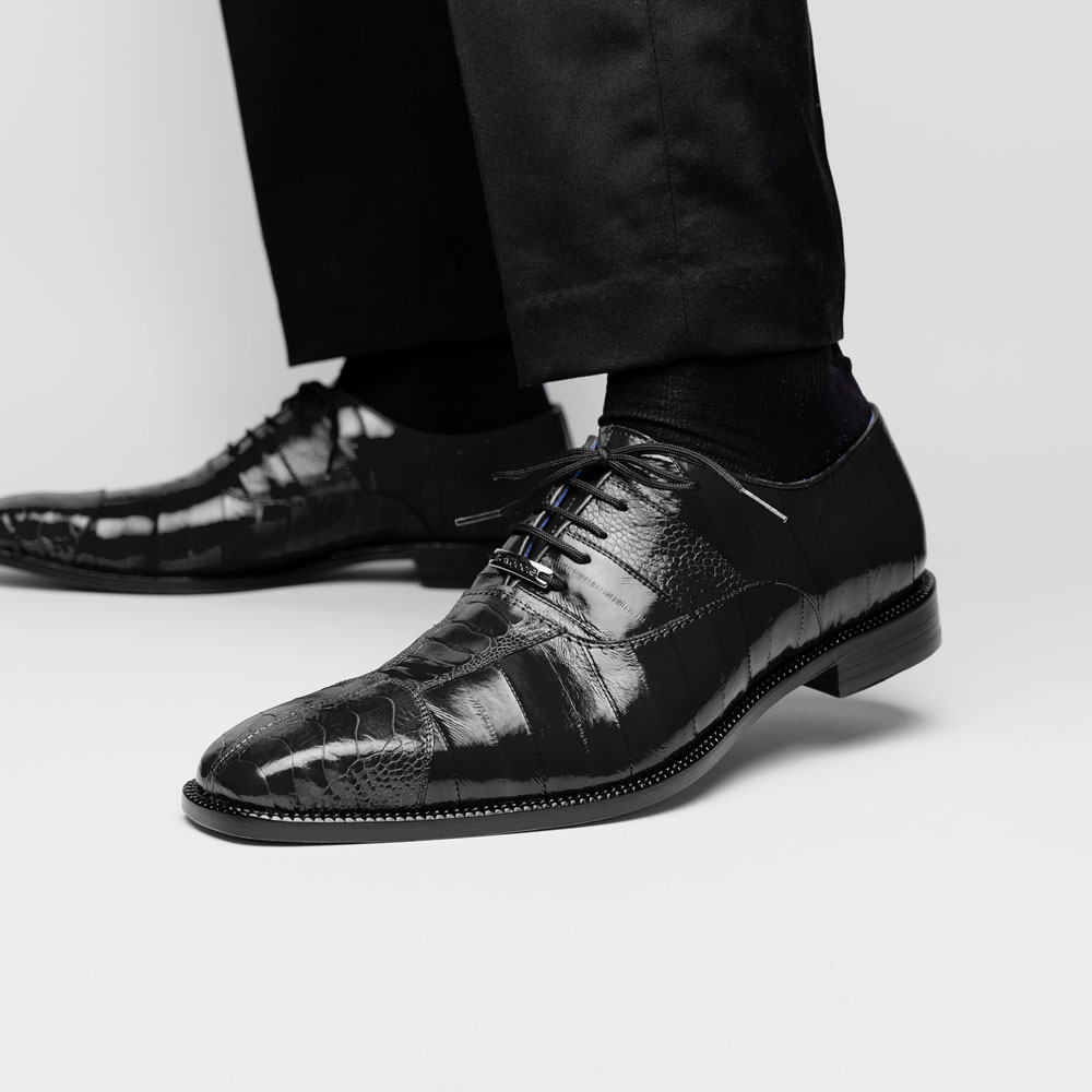 Belvedere Mare Ostrich/Eel Shoes Black | MensDesignerShoe.com