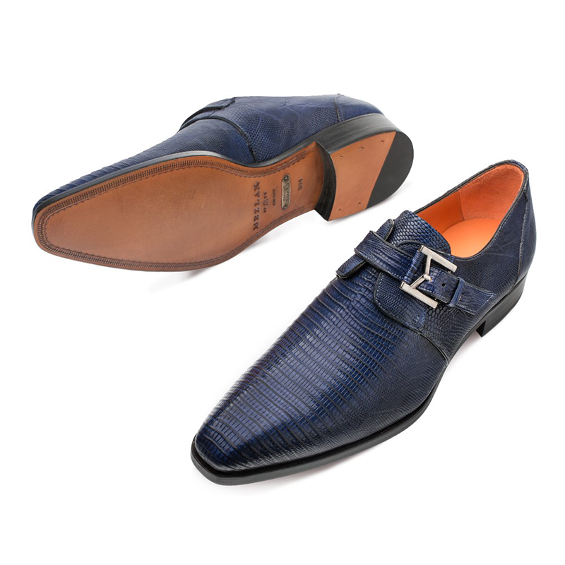 Mezlan Richelieu Lizard Monkstrap Shoes Blue | MensDesignerShoe.com