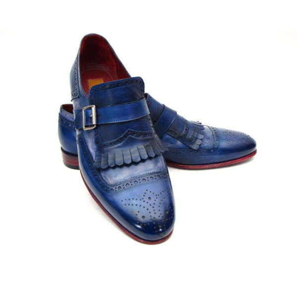 Paul Parkman Kiltie Monk Strap Shoes Blue | MensDesignerShoe.com