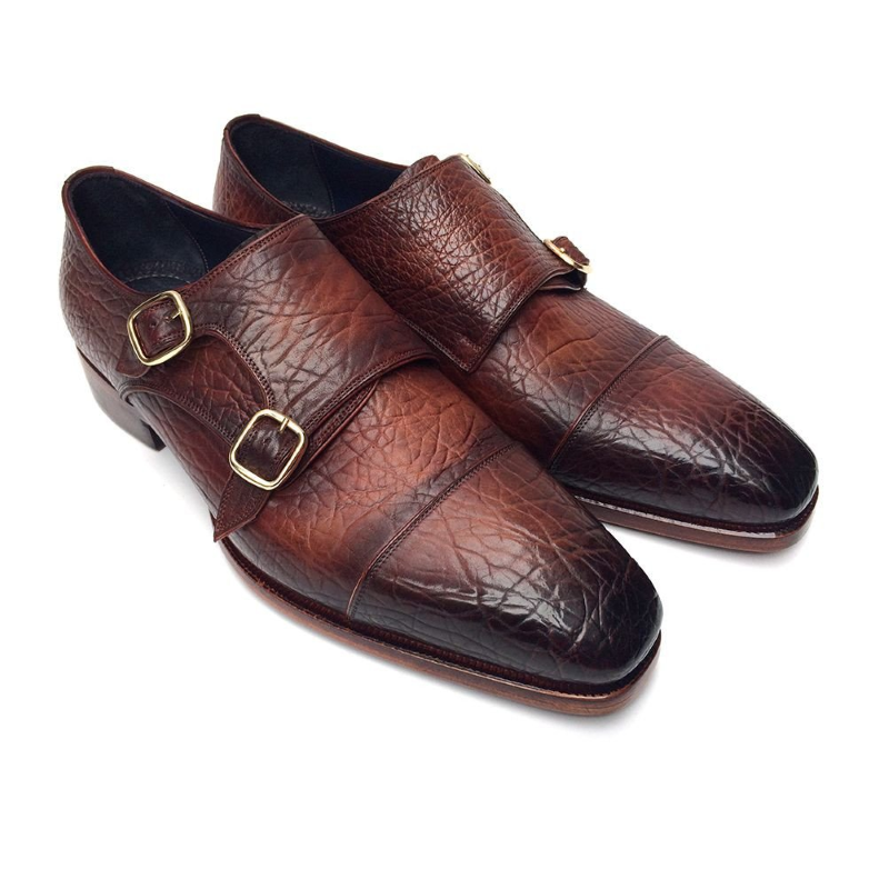 Paul Parkman Textured Leather Double Monk Strap Shoes Brown ...