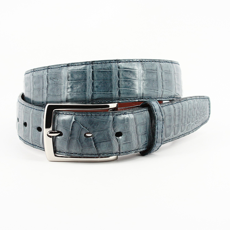 Torino Leather South American Caiman Belt Blue Jean | MensDesignerShoe.com