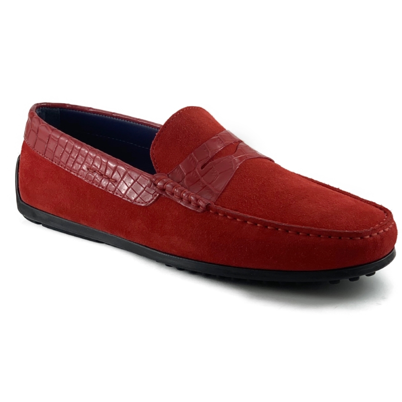 Zelli Monza Suede & Crocodile Driving Shoes Red | MensDesignerShoe.com