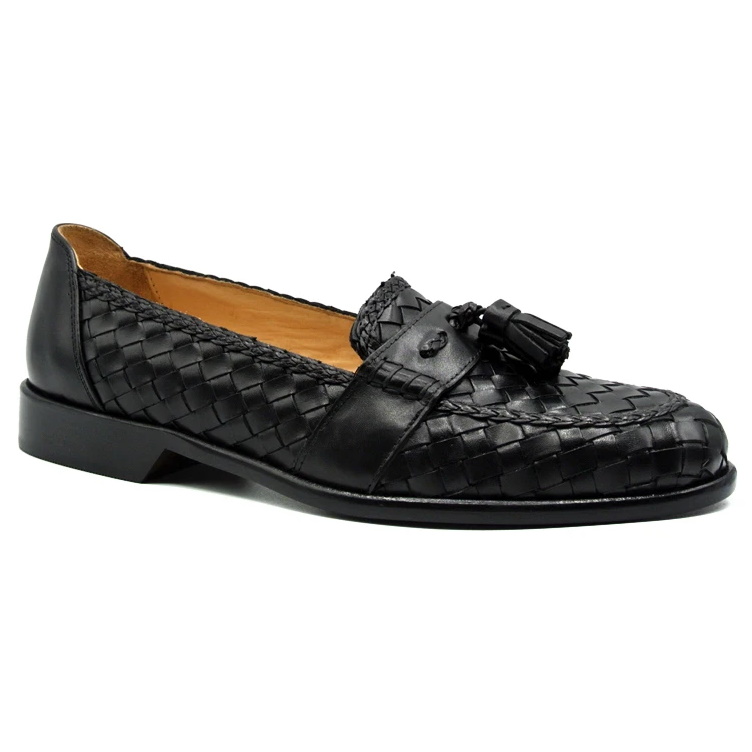 Zelli Riviera Woven Calfskin Tassel Loafers Black | MensDesignerShoe.com